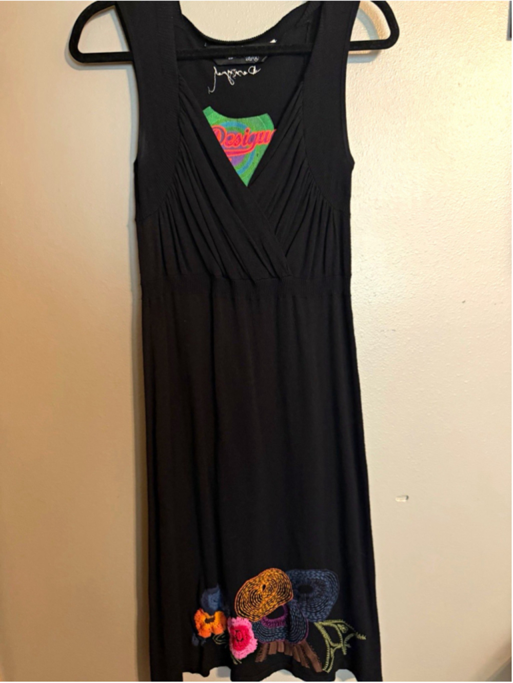 Desigual Black Embroidered Dress XL Floral Art to Wear Sleeveless Boho